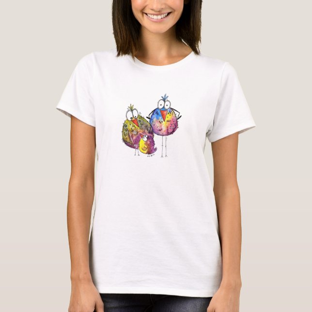 Tre söta fantasifulla färgglada fåglar t shirt (Framsida)