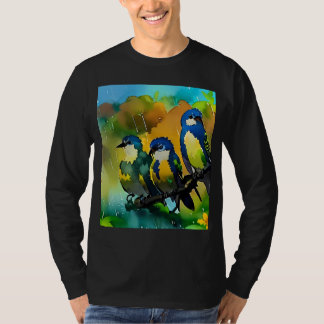 Tre söta färgglada fåglar i regn Vattenfärgskonst T Shirt