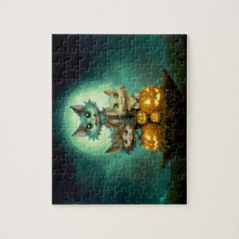 Tre söta lilla varg unge firar Hallow Pussel