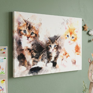 Tre söta och vackra kattungar i akvarell canvastryck