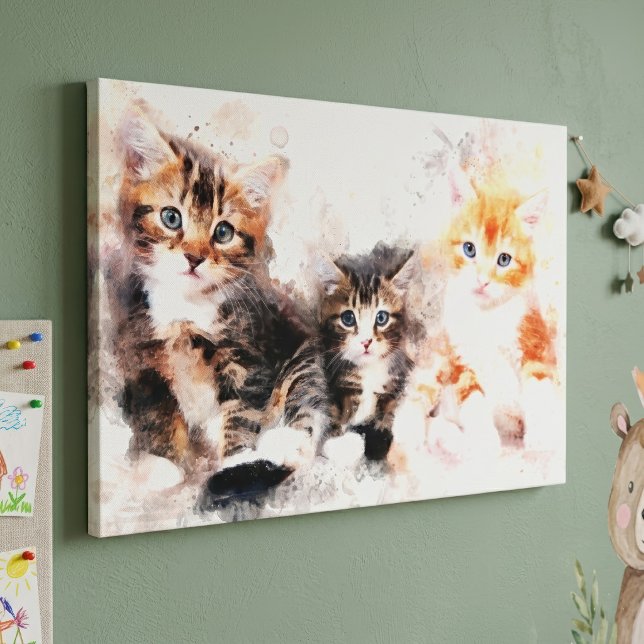 Tre söta och vackra kattungar i akvarell canvastryck (Three beautiful and cute kittens watercolor. canvas print)