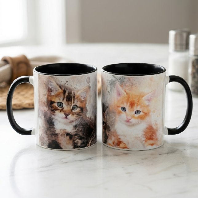 Tre söta och vackra kattungar i akvarell mugg (Three beautiful and cute kittens watercolor. mug)