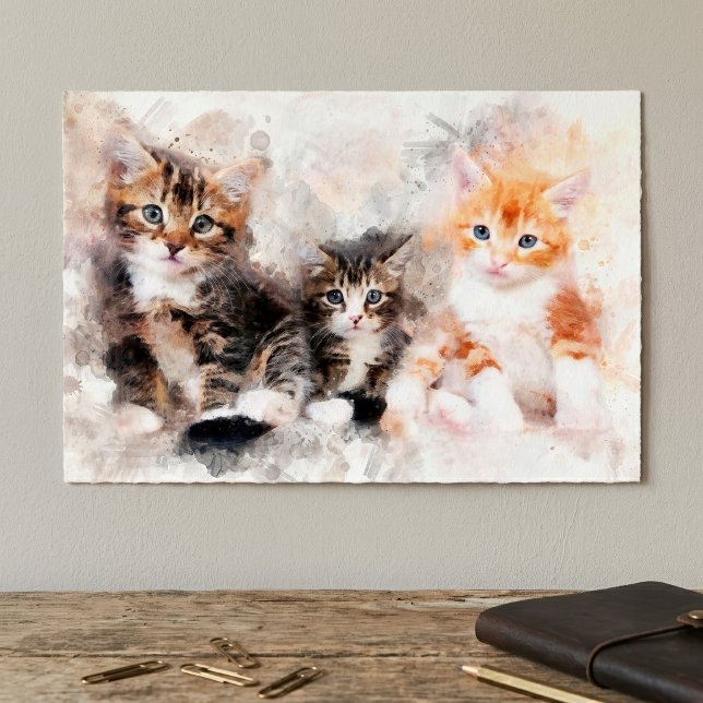 Tre söta och vackra kattungar i akvarell poster (Three beautiful and cute kittens watercolor. poster)