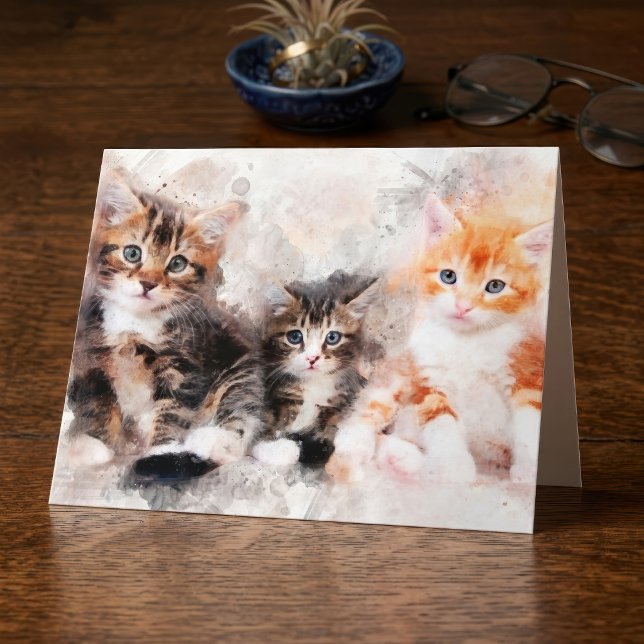 Tre söta och vackra kattungar i akvarell tack kort (Three beautiful and cute kittens watercolor. thank you card)