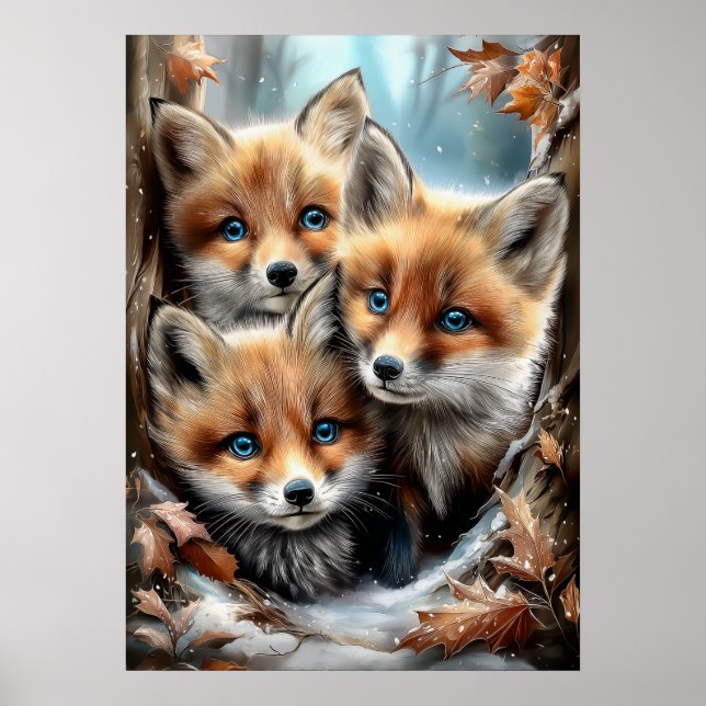 Tre söta rävl幼ar i skogen poster (Framsidan)