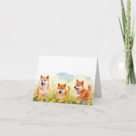Tre söta shiba inus- och dandelionhälsningskort kort