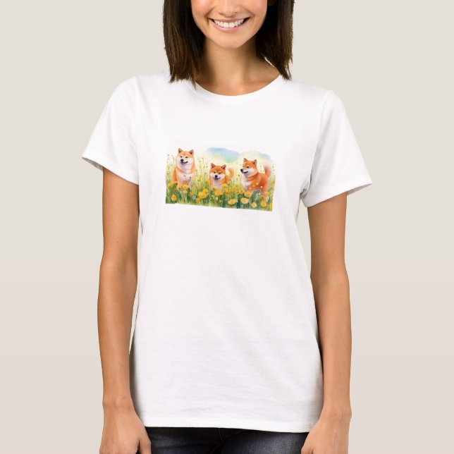 tre söta shiba inus och dandelions bagagemärke t shirt (Framsida)