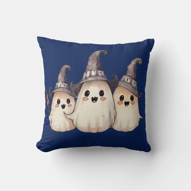 Tre söta spöken Mörkblå Halloween Kudde (Framsida)