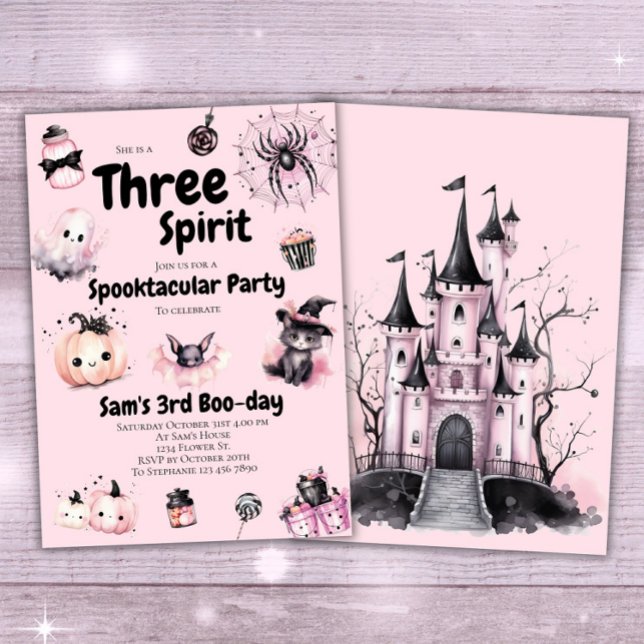 Tre Spirit Girl Cute Rosa Halloween 3th Birthday Inbjudningar (Skapare uppladdad)