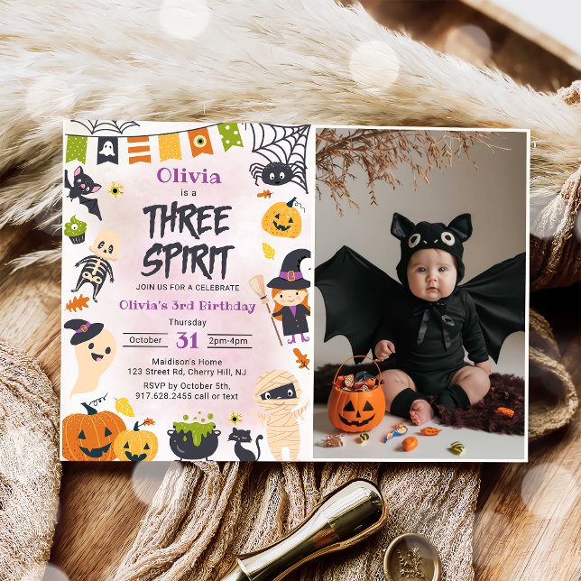 Tre Spirit Halloween Cute Ghost Birthday Photo Inbjudningar (Skapare uppladdad)