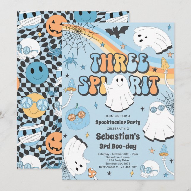 Tre Spirit Halloween Groovy Ghost 3:e födelsedagen Inbjudningar (Fram/baksida)