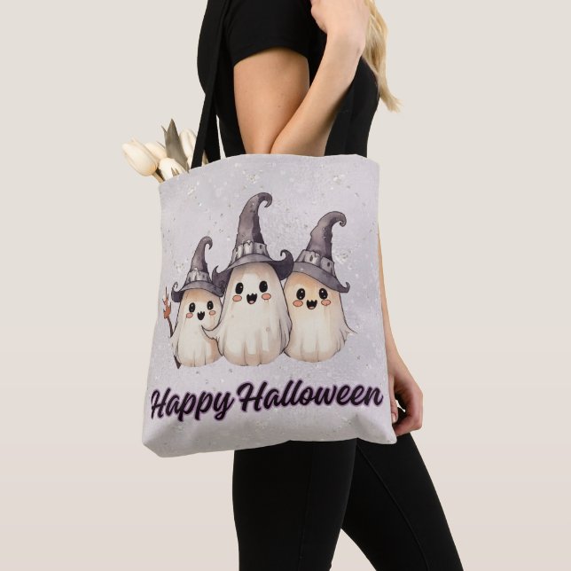 Tre spöken Häxhattar Silver Gott Halloween Tygkasse (Närbild)