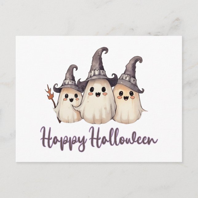 Tre spöken Häxhattar Vita Glad Halloween Helg Vykort (Framsida)