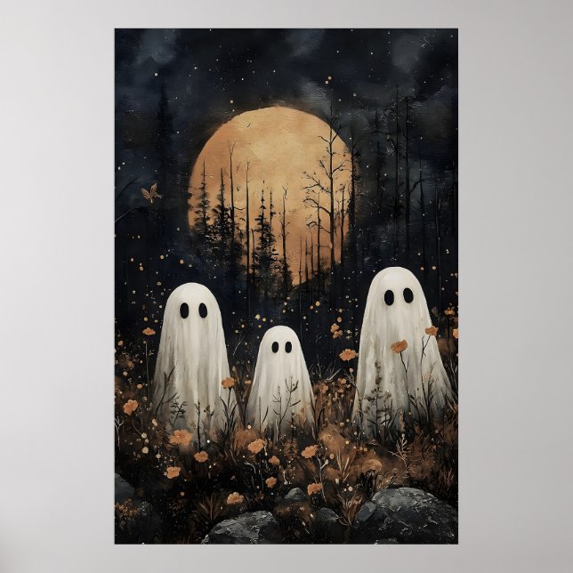 Tre spöken i fält med blomma, mörk akademia poster (Framsidan)