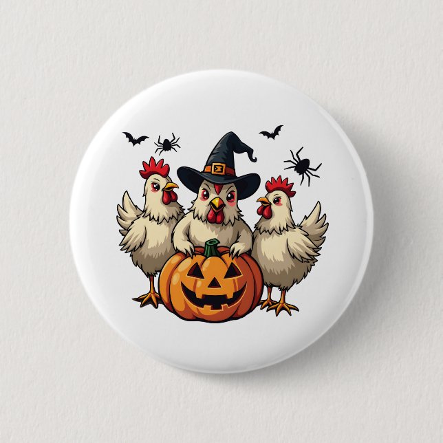 Tre Spooky Halloween Chickens Farmer Fall Witch Knapp (Framsida)