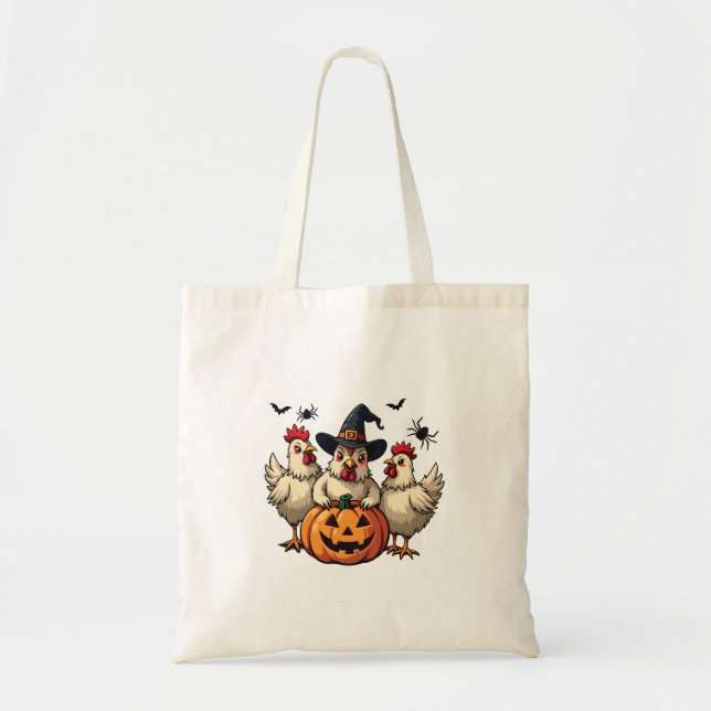 Tre Spooky Halloween Chickens Farmer Fall Witch Tygkasse (Framsidan)