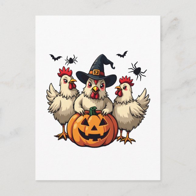 Tre Spooky Halloween Chickens Farmer Fall Witch Vykort (Framsida)