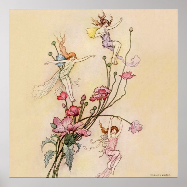 "Tre sprit Mad with Joy" av Warwick Goble Poster (Framsidan)