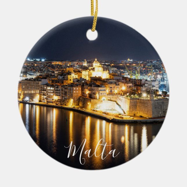 Tre städer på Malta på natten Julgransprydnad Keramik (Framsidan)