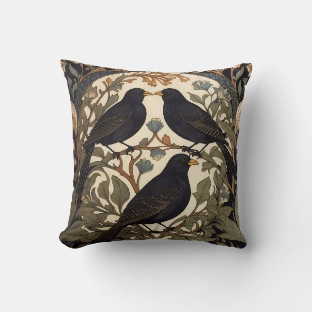 Tre svarta fåglar William Morris Inspired Kudde (Framsida)