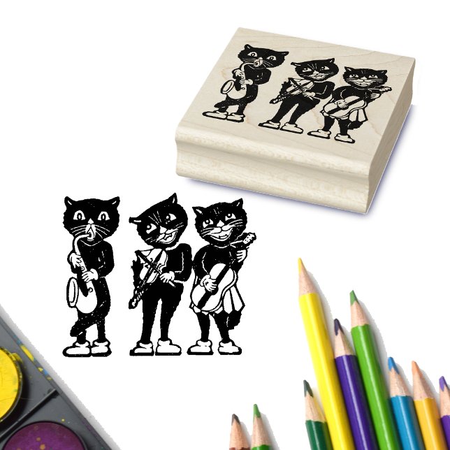 Tre svarta kaffmusiker Guitar Fiddle Saxophone Stämpel (Craft stamp of three jazz musician cats playing music instruments.)