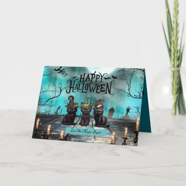Tre Svarta katter Halloween-hälsningskort Kort (Framsida)