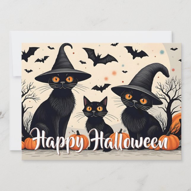 Tre svarta katter med hattar på Halloween (Framsida)