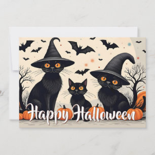 Tre Svarta katter med hattar på Halloween
