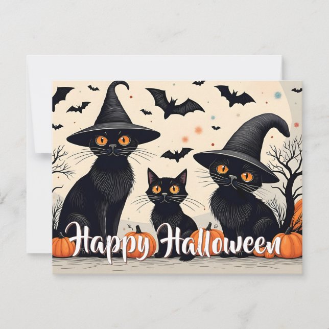 Tre svarta katter med hattar på Halloween (Framsida)