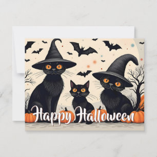 Tre Svarta katter med hattar på Halloween