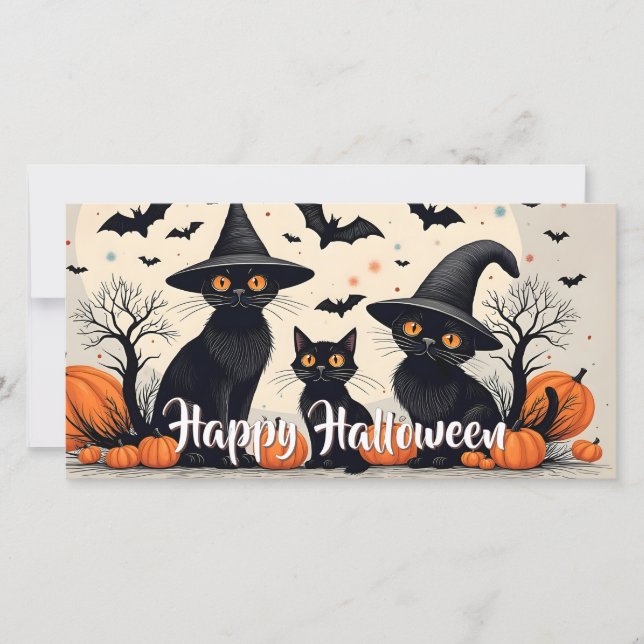 Tre svarta katter med hattar på Halloween (Framsida)