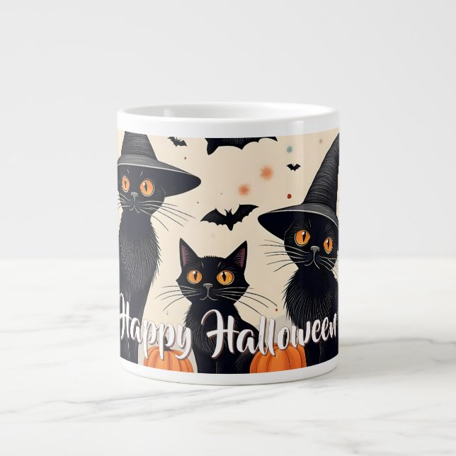 Tre Svarta katter med hattar på Halloween Jumbo Mugg (Framsidan)