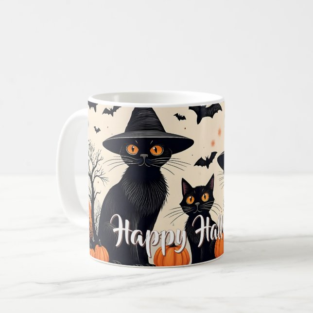 Tre svarta katter med hattar på Halloween Kaffemugg (Framsida vänster)