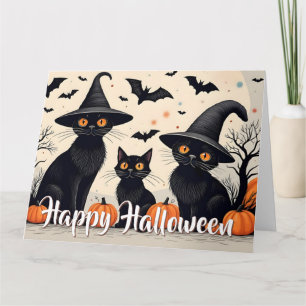 Tre Svarta katter med hattar på Halloween Kort