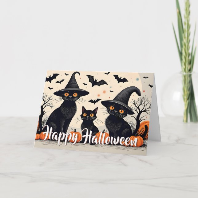 Tre svarta katter med hattar på Halloween Kort (Framsida)