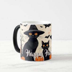 Tre Svarta katter med hattar på Halloween Magisk Mugg