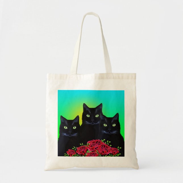 Tre Svarta katter och Röd ros Tote Bag Tygkasse (Framsidan)