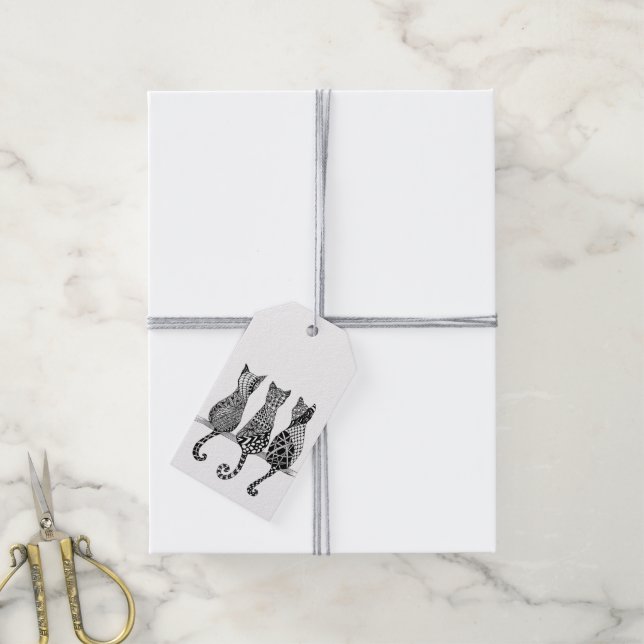 Tre svarta och vita katter med 10 presentförpackni presentetikett (Med Snöre)