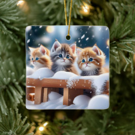 Tre Tabby katt i Snö Julgransprydnad Keramik