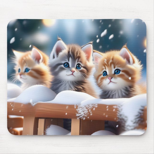Tre Tabby katt i Snö Musmatta (Framsidan)