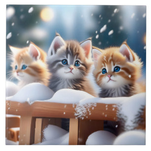 Tre Tabby katt som spelar i Snö Porträtt Pose Kakelplatta