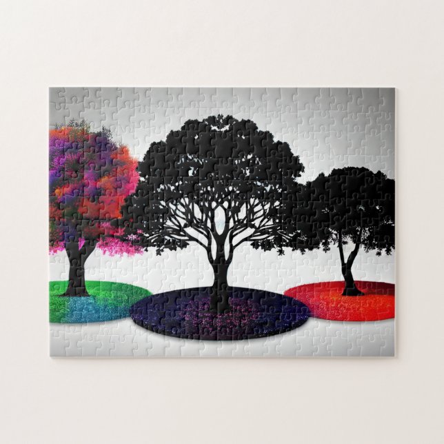 Tre Träd tre säsong i vit bakgrund Pussel (Horisontell)