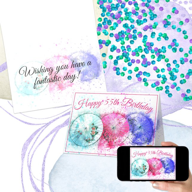 Tre tropiska cocktailparaplyer 55-årsdag kort (Send a special greeting when you personalize the text on this card design for any occasion.)