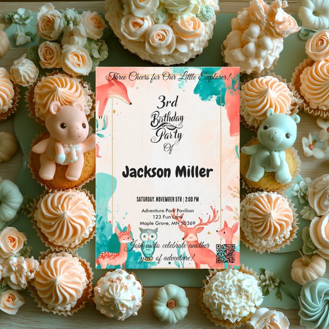 Tre turer 3rd Birthday Fox, Uggla och Hjort Inbjudningar (Skapare uppladdad)