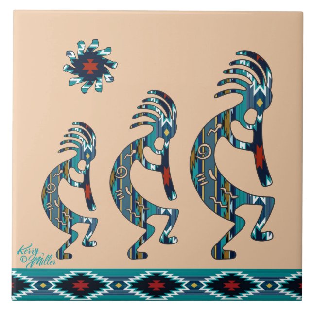 Tre turkos Kokopelli Ceramic-brickor Kakelplatta (Framsidan)