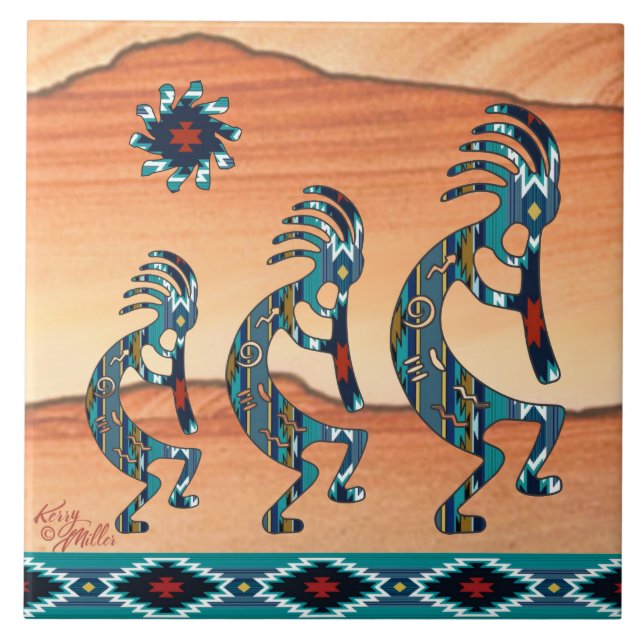 Tre turkos Kokopelli Ceramic-brickor Kakelplatta (Framsidan)
