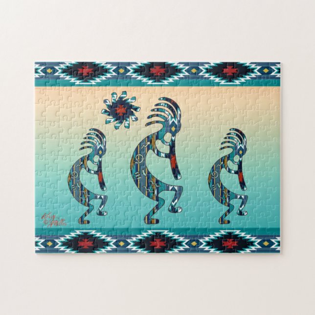 Tre turkos Southwest Kokopelli Jigszle Puzzle Pussel (Horisontell)