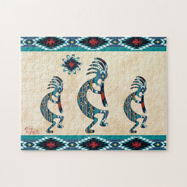 Tre turkos Southwest Kokopelli Jigszle Puzzle Pussel (Horisontell)
