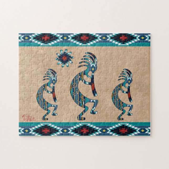 Tre turkos Southwest Kokopelli Jigszle Puzzle Pussel (Horisontell)