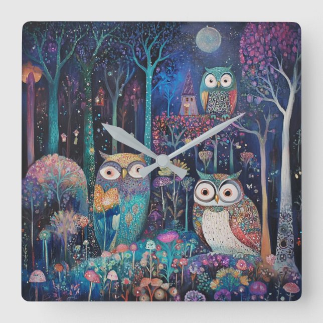 Tre Uggla under hela månen Fyrkantig Klocka (Framsida)